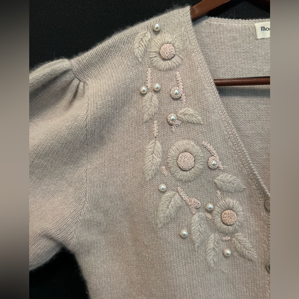 Magnolia Vintage Pearl Detail Beige/tan Lambswool Luxury Cardigan Size XL - Picture 5 of 16